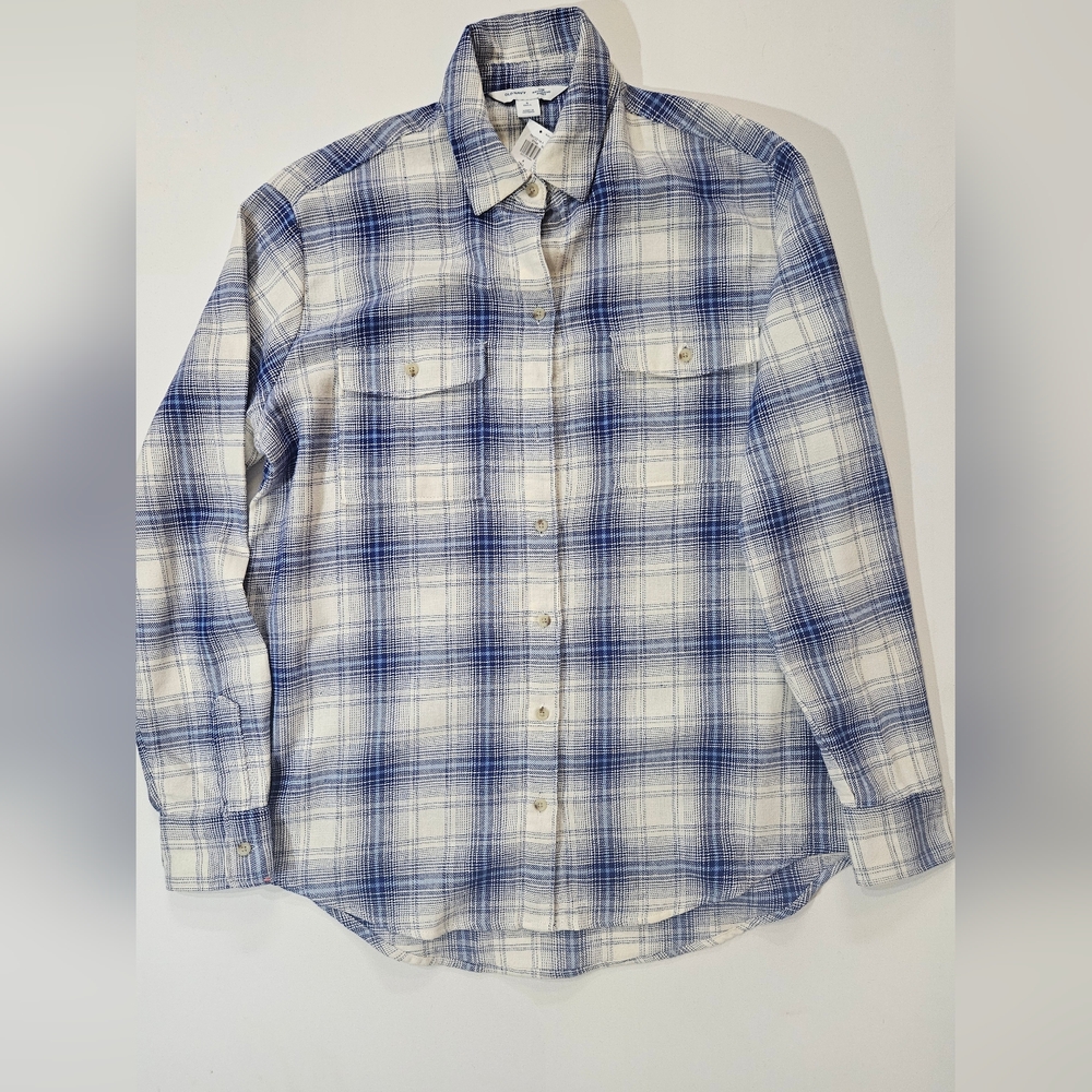 NWT Old Navy Boyfriend Flannel Shirt Womens S Tall Blue White Plaid Check Preppy